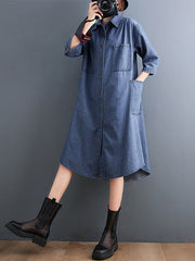 Denim Loose Solid Color Shirt Midi Dress