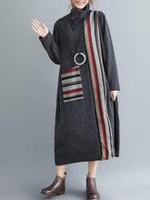 Casual Striped High-neck Midi Dress