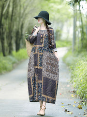 Retro Round Neck Plaid Print Midi Dress