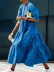 Solid Color Pleated Stand Collar Half Puff Sleeves Midi Dress