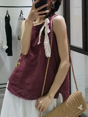 Solid Color Embroidery Printed Loose Sleeveless Casual T-Shirt