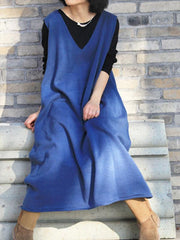 Elegant Solid Knitting V-neck Vest Dress