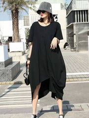 Round Neck Pleated Irregular Midi Dress