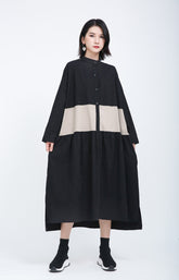 Stand-Up Collar Cotton And Linen Stitching Contrast Midi Dress