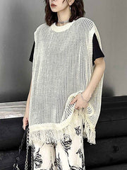 Hollow Pure Color Sun Protection Tasseled Roomy Sleeveless Round-Neck Vest Top
