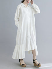 Lapel Solid Color Cotton And Linen Maxi Dress