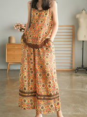 Retro Floral Printed Sleeveless Wide Leg Suit