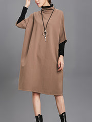 Half High Collar Half Sleeve With Necklace Midi Dress