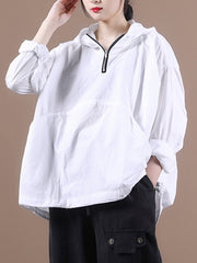 Women Loose Hooded Zipper Pullover Sweatshirt