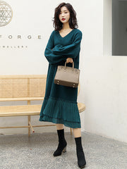 Women Stitching V-Neck Loose Knit Dress