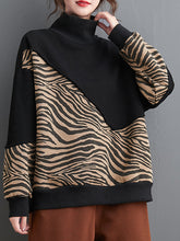 Women Loose Zebra Pattern Stitching Turtleneck Sweatshirt