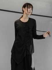 Women Chinese Style Disc Button Pleated Solid Color Casual T-Shirt