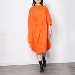 Irregular Mesh Stitching Lapel Solid Color Dress