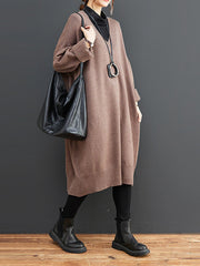 Large Size Simple Solid Color Mid-Length Knitted Sweater Dress