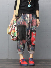 Loose Floral Printed Badge Stick Drawstring Harem Pants