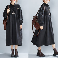 Loose Pleated Puff Sleeve Black Stitching Midi Dress