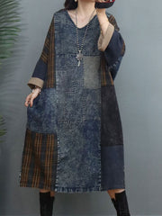 Cowboy Patchwork Plaid Loose Midi Dress