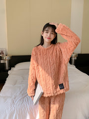 Casual Coral Fleece Jacquard Long Sleeve Top & Pants Pajamas Set