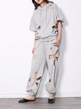 Solid Color Hooded Short Sleeve Sweatshirt Hollow Hole Pants Suit