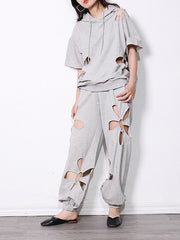 Solid Color Hooded Short Sleeve Sweatshirt Hollow Hole Pants Suit