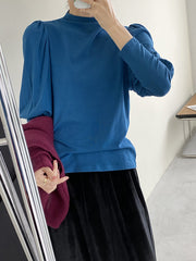 Half High Collar Solid Color Lantern Sleeve T-Shirt