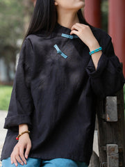 Women Retro Loose Color Matching Plate Button Shirt