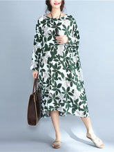 Leaves Print Ramie Cotton Long Dress