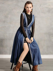 Two-Pieces Vintage Embroidered Jean Turtleneck Dress Set