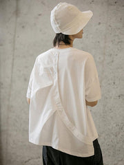 Simple Loose Solid Pocket Back-Button T-Shirt