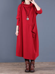 Retro Loose Solid Color Hooded Midi Dress