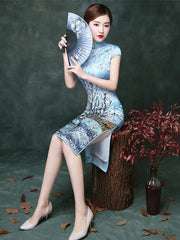 Blue Plum Blossom Short Cheongsam Dress