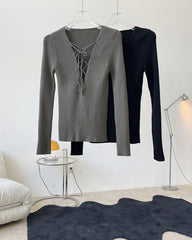Cross Lacing V-Neck Knitted Long Sleeves T-Shirt
