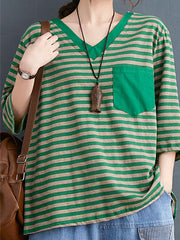 Loose V-Neck Striped Casual T-Shirt