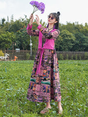 Retro Ethnic Round-Neck Long Sleeve Maxi Dress