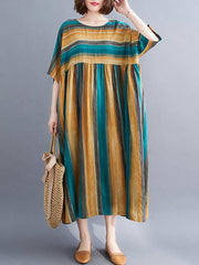 Vintage Striped Split-Joint Round-Neck Dress