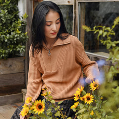 Women High Neck Solid Color Loose Zipper Pullover Sweater