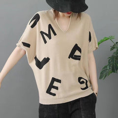 Women V-Neck Bat Sleeve Print Loose Casual T-Shirt