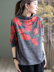 Retro Floral Printed Half-Neck Sweatshirt