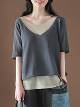 False Two Vintage Loose Half Sleeve V Neck T-Shirt