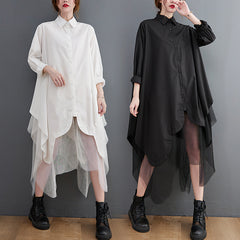 Large Size Loose Fake Two Irregular Stitching Mesh Shirt Dress