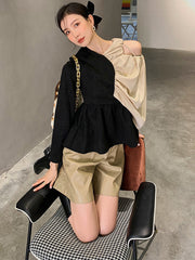 Hollow Strapless Stylish Stitching Pleated T-shirt