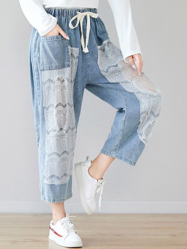 Lace Split-joint Drawstring Jean Pants