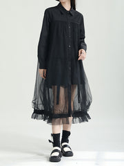 Long Sleeves Gauze See-Through Split-Joint Lapel Midi Dresses Shirt Dress