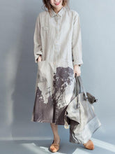 Creamy Linen Lapel Loose Blouse Long Dress