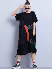 Hip-Hop Letter Stamped Contrast Colors Splicing Roomy Dress
