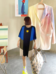Colorblock Round Neck Print Loose Slim Casual Dress