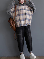 Women Casual Plaid Stitching Sweatshirt