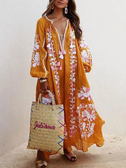 V-Neck Long Sleeve Printed Maxi Dress