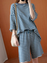 Striped Short Sleeved Shorts Casual Striped Suit