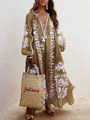 V-Neck Long Sleeve Printed Maxi Dress